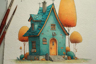 do handmade watercolor painting of house