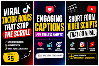 write viral tiktok,facebook hooks, captions and short form video scripts