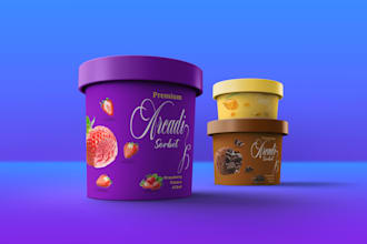 ice cream cups, tub packaging, label, logo and box design