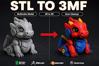 convert 2d to 3d model, stl to 3mf split color scan cleanup repair bambu print