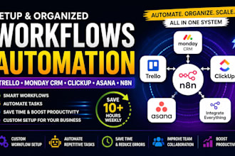 setup and organized workflows automation on trello, mondaycrm clickup asana n8n