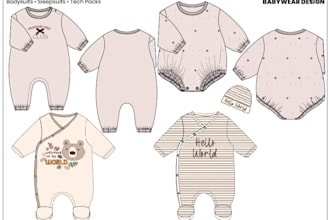 design baby bodysuits and sleepsuits with tech pack for production