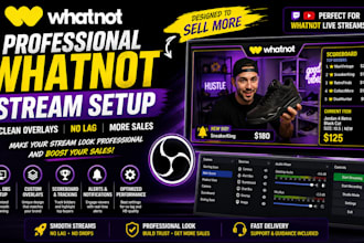 setup obs for whatnot live streams, design overlays and scoreboard