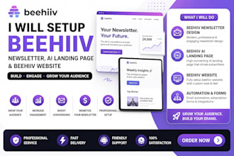 setup beehiiv newsletter design, beehive ai landing page and beehiiv website