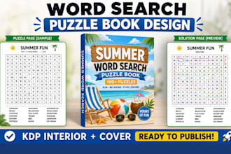 create word search puzzle, crossword, activity book interior and cover for kdp