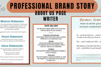 write an eye catching business brand story mission statement about us core value