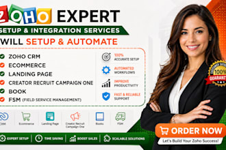 setup zoho CRM, ecommerce, landing page, creator recruit campaign one, book, fsm