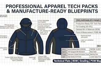 design a factory ready technical apparel teck pack for professional production