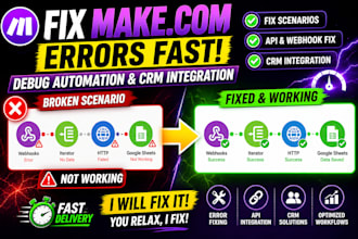 fix broken or debug make com automation workflows and CRM api integration