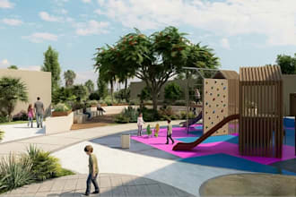 create realistic 3d landscape design, playground, park, garden,outdoor rendering