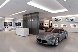 do a beautiful 3d car showroom, moto home, car display room, car valet, car port