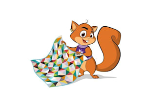 design squirrel mascot fun quilting shop logo