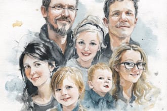 draw watercolor family portrait painting from combine photo in watercolor style