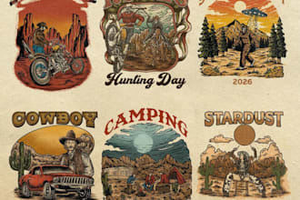 do custom illustration vintage western, cowboy logo