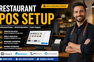 set up restaurant pos, square point of sales, netsuite, retroworks, epos now