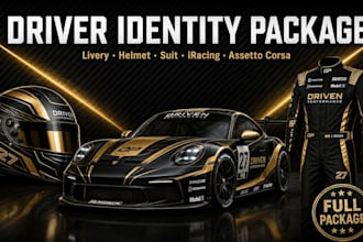 design complete sim racing driver identity, livery, helmet, suit , assetto corsa