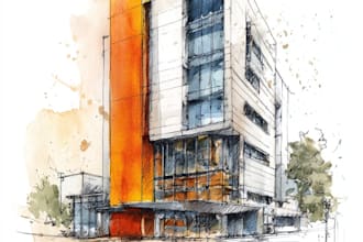 sketch architecture building with watercolor rendering