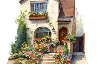 your house image into a digital watercolor home portrait illustration