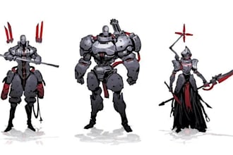 draw custom mecha robot, helmet, armor, weapon concept art