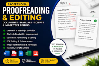 proofreading text editing text removal or redesign for document and images
