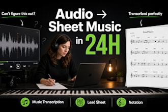 transcribe music audio to sheet music, lead sheet, chord chart notation