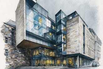 sketch architecture building with watercolor rendering