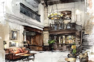 design your interior sketch into a watercolor drawing