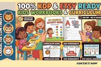 design kids activity book, children worksheet, and curriculum for etsy and KDP