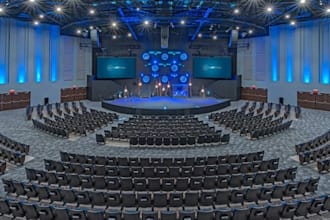 design modern church interior, stage, auditorium and exterior with rendering