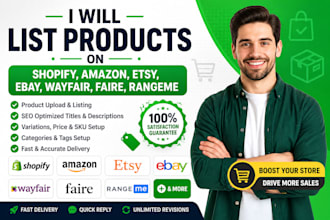 list products on shopify, amazon, etsy, ebay, wayfair, faire, rangeme