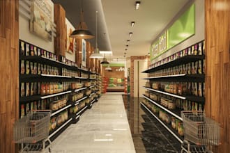3d realistic supermarket space,grocery store design,cgi foodmart interior render