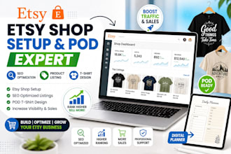 etsy shop setup pod t shirt design SEO optimization listing and digital planner