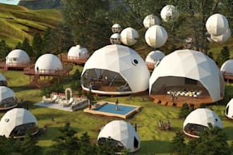 design a stunning 3d glamping dome, geodesic dome, panoramic dome, tent, canopy