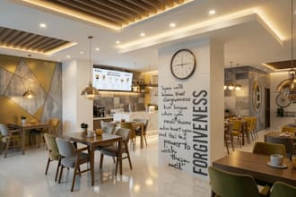 renovate modern restaurant space, cafe interior design, cgi food court rendering