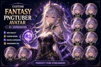 design custom fantasy pngtuber avatar with multiple expressions for streaming