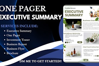 design a one pager executive summary, investment teaser, business flyer, reports