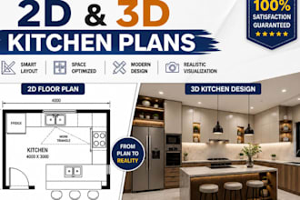 design 2d and 3d kitchen plan with realistic rendering