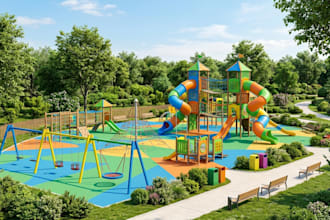 design landscape playground, 3d kids park, resort, theme park walkthrough render