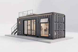 design 3d shipping container interior, factory exterior, 3d industrial rendering