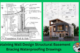 retaining wall design structural basement bracing waterproofing drawings