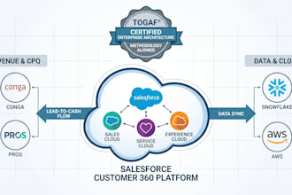 design a professional salesforce architecture for cpq, sales, and service