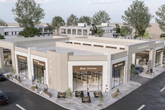 renovate commercial building, restaurant exterior design,outdoor plaza 3d render