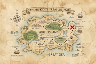 design custom treasure map, pirate map, fantasy map and illustrated map