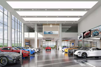 propose 3d sportscar showroom,automobile shop render,car dealership,lobby lounge