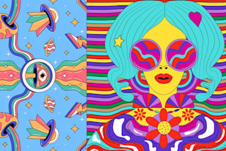 create psychedelic and trippy groovy retro illustration and poster art for you