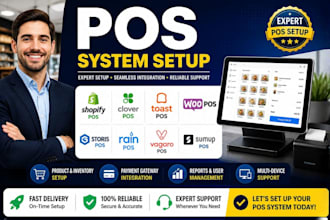 set up shopify pos, woopos, toast pos, clover, storis, rain pos, vagaro, sumup