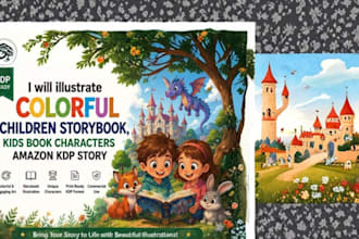 illustrate colorful children storybook, kids picture book amazon KDP story art