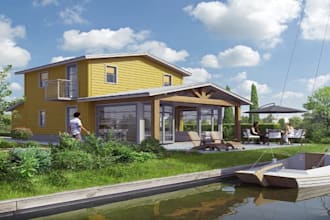 design 3d beach house, coastal architecture, tropical villa, lakefront hut house