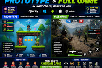 do 2d 3d multiplayer game prototype in unity for pc, mobile, or web
