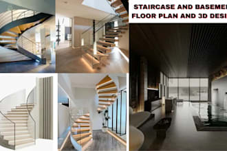 create modern 3d staircase design, basement design and spiral stairs rendering